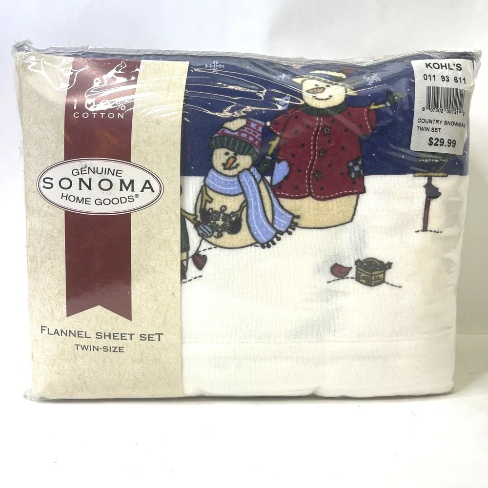 Sonoma Flannel Sheet Set Twin Snowman Winter 100% Cotton Bedding New Sealed